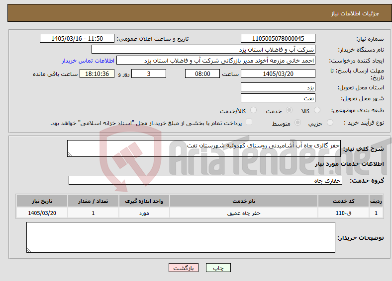 تصویر کوچک آگهی نیاز خدمات-حفر گالری چاه آب آشامیدنی روستای کهدوئیه شهرستان تفت