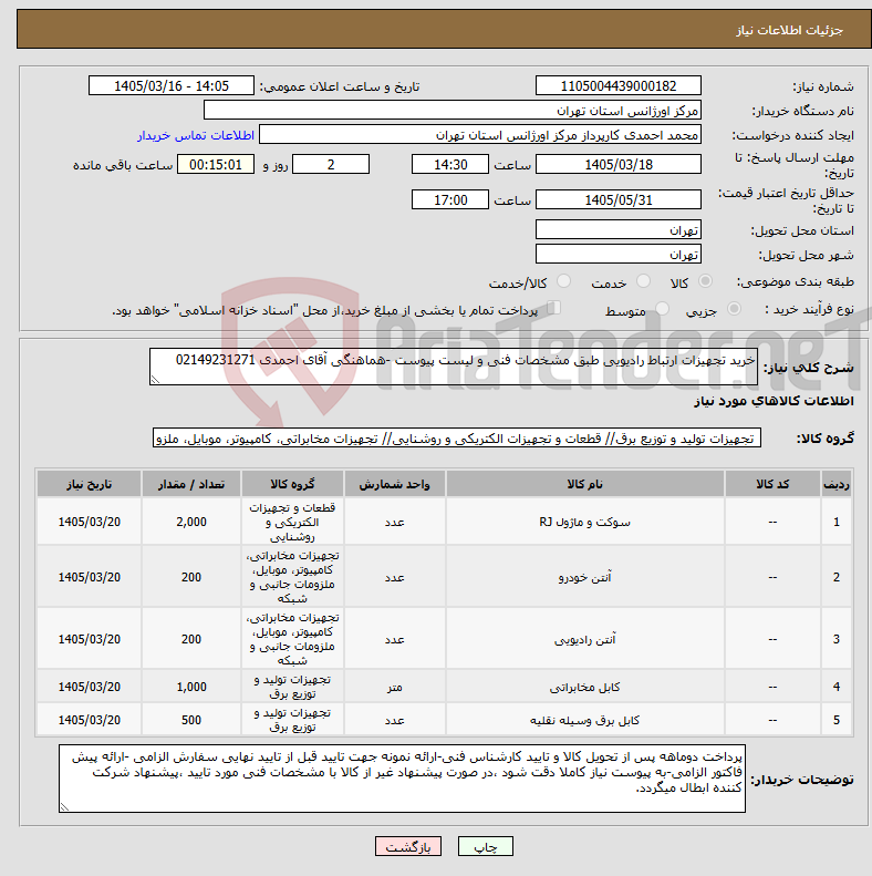 تصویر کوچک آگهی نیاز کالا-خرید تجهیزات ارتباط رادیویی طبق مشخصات فنی و لیست پیوست -هماهنگی آقای احمدی 02149231271