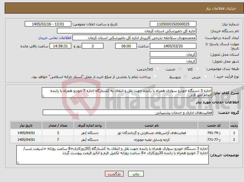 تصویر کوچک آگهی نیاز خدمات-اجاره 3 دستگاه خودرو سواری همراه با راننده جهت نقل و انتقال به کشتارگاه اجاره 7 خودرو همراه با راننده انجام امور فنی