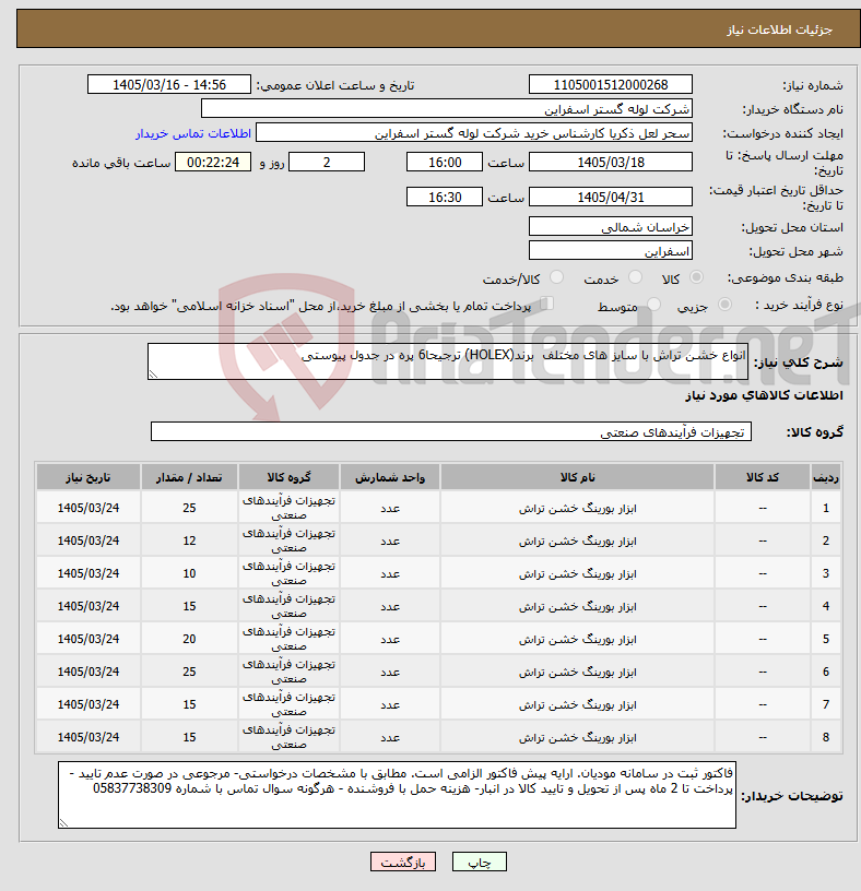 تصویر کوچک آگهی نیاز کالا-انواع خشن تراش با سایز های مختلف برند(HOLEX) ترجیحا6 پره در جدول پیوستی