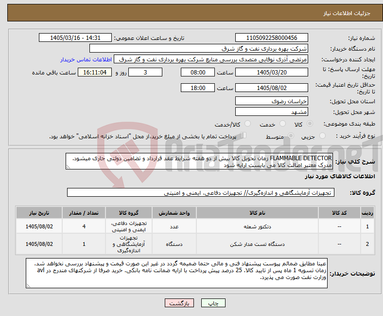 تصویر کوچک آگهی نیاز کالا-FLAMMABLE DETECTOR زمان تحویل کالا بیش از دو هفته شرایط عقد قرارداد و تضامین دولتی جاری میشود. مدرک معتبر اصالت کالا می بایست ارایه شود
