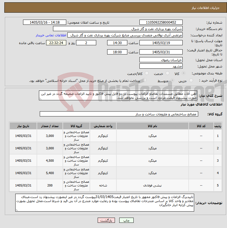 تصویر کوچک آگهی نیاز کالا-آهن آلات مطابق مستندات تقاضاو الزامات پیوست در دو فایل پیش فاکتور و تایید الزامات ضمیمه گردد در غیر این صورت پیشنهاد قیمت مردود است و بررسی نخواهد شد.