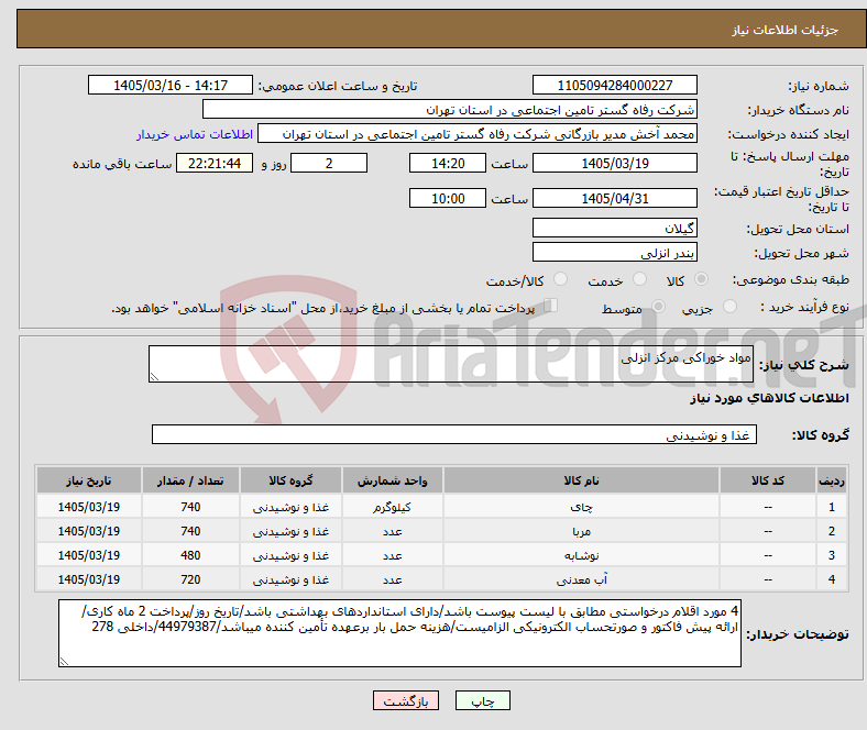 تصویر کوچک آگهی نیاز کالا-مواد خوراکی مرکز انزلی
