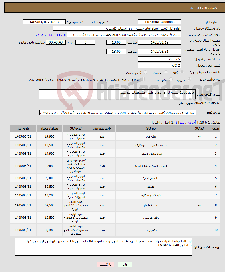 تصویر کوچک آگهی نیاز کالا-خرید 1500 بسته لوازم الحریر طبق مشخصات پیوست