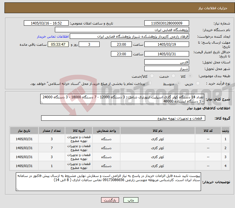 تصویر کوچک آگهی نیاز کالا-تعداد 14 دستگاه کولر گازی اسپلیت اینورتری شامل : 3 دستگاه 12000 - 7 دستگاه 18000 - 3 دستگاه 24000 - 1 دستگاه ایستاده 48000