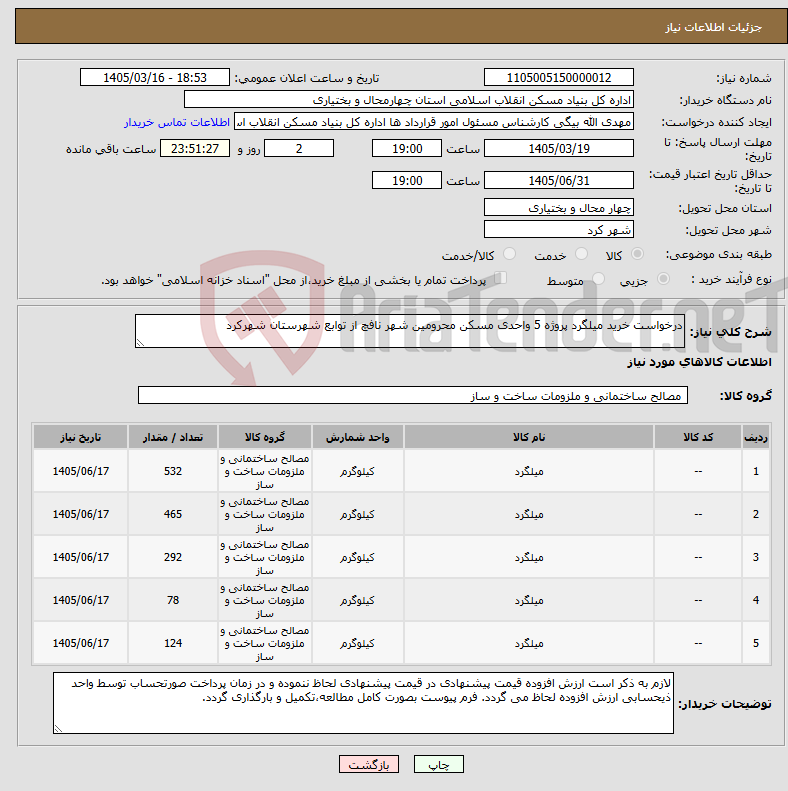 تصویر کوچک آگهی نیاز کالا-درخواست خرید میلگرد پروژه 5 واحدی مسکن محرومین شهر نافچ از توابع شهرستان شهرکرد