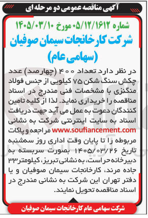 تصویر کوچک آگهی خری  تعداد ۴۰۰ عدد چکش سنگ شکن ۷۵ کیلویی از جنس فولاد منگنزی 