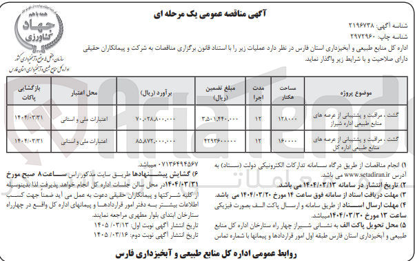 تصویر کوچک آگهی گشت، مراقبت و پشتیبانی از عرصه های منابع طبیعی اداره کل
