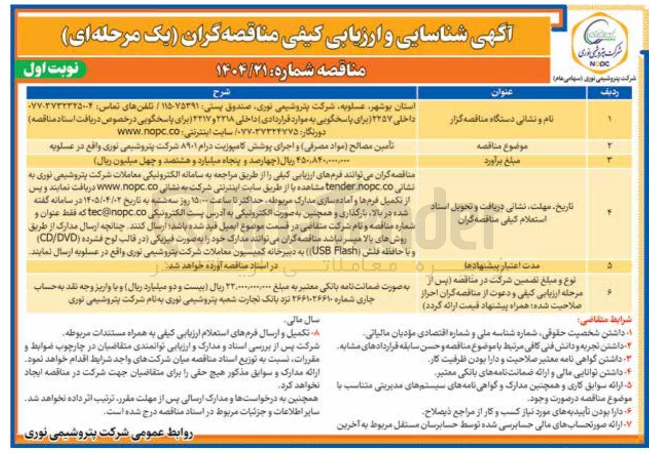 تصویر کوچک آگهی تأمین مصالح مواد مصرفی و اجرای پوشش کامپوزیت درام