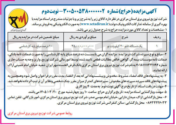 تصویر کوچک آگهی فروش یک دستگاه تابلو ۲۰ کیلو ولت نو 