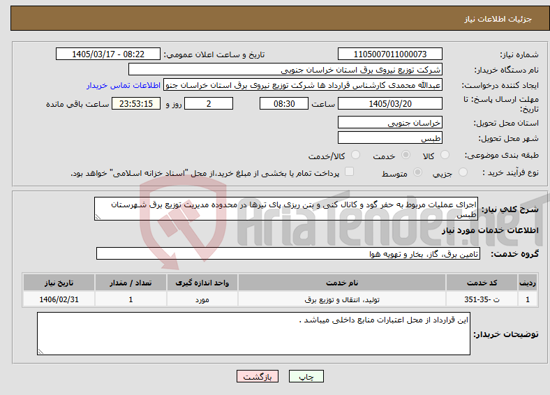 تصویر کوچک آگهی نیاز خدمات-اجرای عملیات مربوط به حفر گود و کانال کنی و بتن ریزی پای تیرها در محدوده مدیریت توزیع برق شهرستان طبس