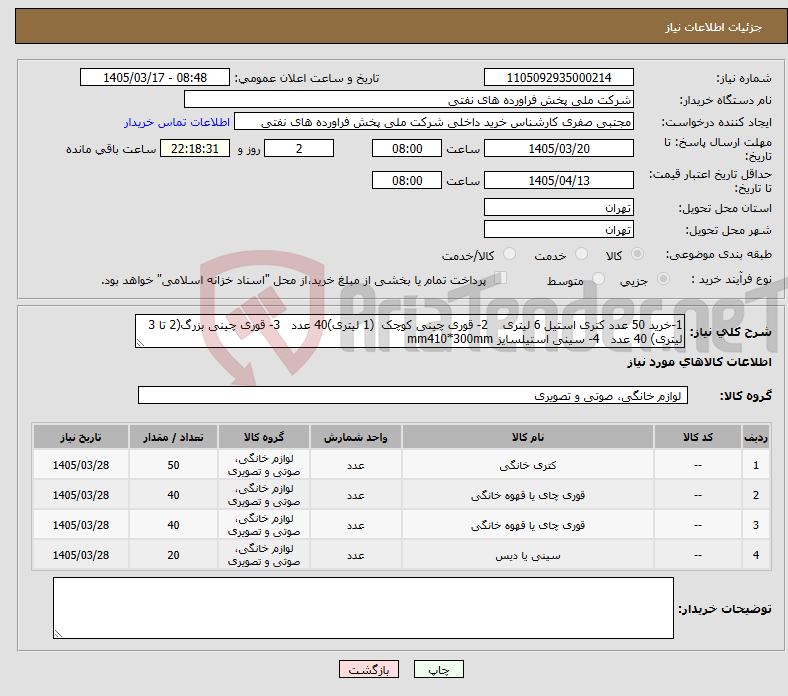 تصویر کوچک آگهی نیاز کالا-1-خرید 50 عدد کتری استیل 6 لیتری 2- قوری چینی کوچک (1 لیتری)40 عدد 3- قوری چینی بزرگ(2 تا 3 لیتری) 40 عدد 4- سینی استیلسایز mm410*300mm 