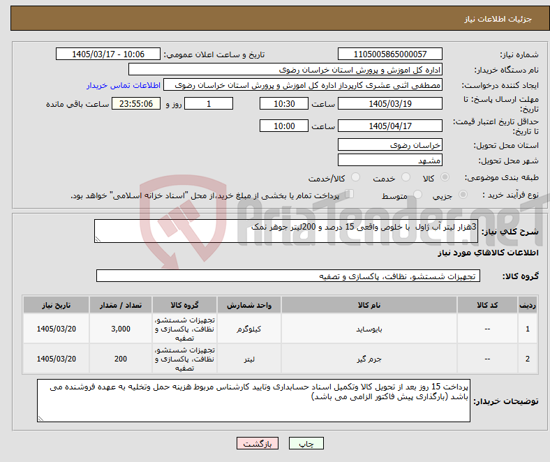 تصویر کوچک آگهی نیاز کالا-3هزار لیتر آب ژاول با خلوص واقعی 15 درصد و 200لیتر جوهر نمک