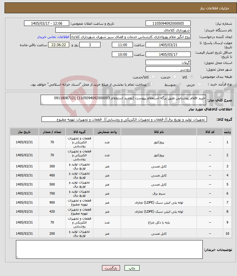 تصویر کوچک آگهی نیاز کالا-خرید اقلام روشنایی طبق برگه استعلام پیوست (تجدید استعلام 1105094092000003) 09118087121