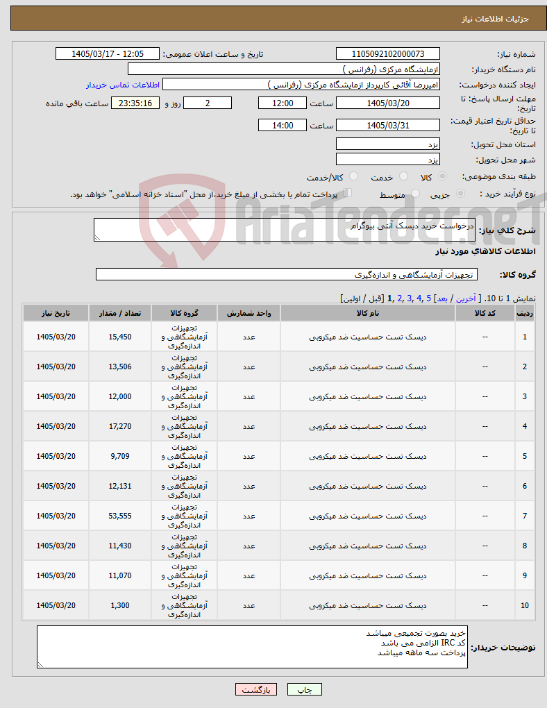 تصویر کوچک آگهی نیاز کالا-درخواست خرید دیسک آنتی بیوگرام