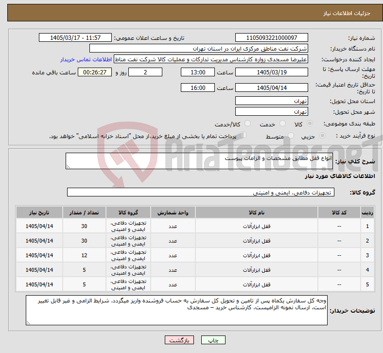 تصویر کوچک آگهی نیاز کالا-انواع قفل مطابق مشخصات و الزامات پیوست