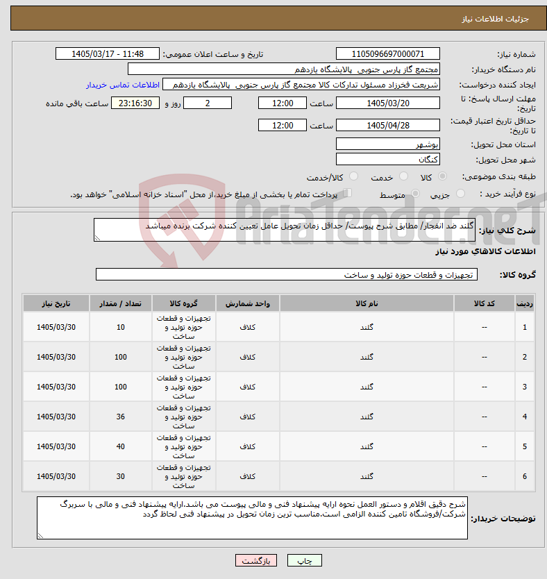 تصویر کوچک آگهی نیاز کالا-گلند ضد انفجار/ مطابق شرح پیوست/ حداقل زمان تحویل عامل تعیین کننده شرکت برنده میباشد