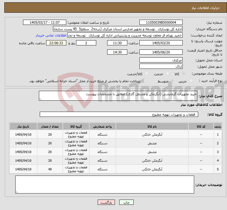 تصویر کوچک آگهی نیاز کالا-خرید تجهیزات گرمایشی (آبگرمکن و مشعل گازی) مطابق با مشخصات پیوست