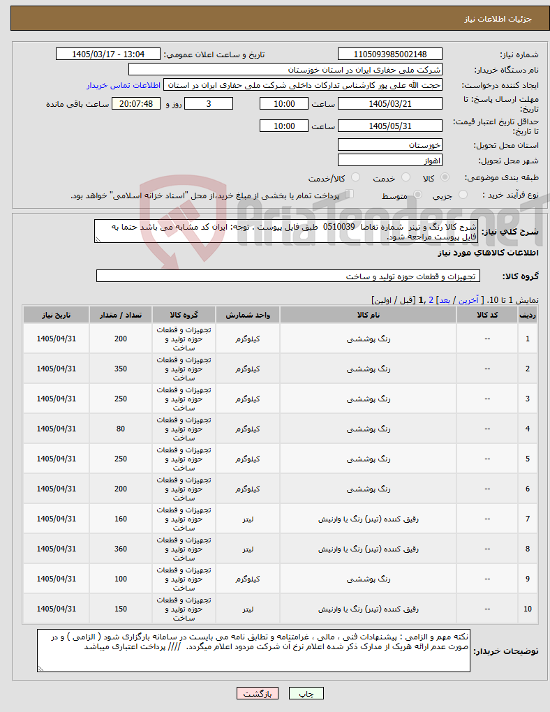 تصویر کوچک آگهی نیاز کالا-شرح کالا رنگ و تینر شماره تقاضا 0510039 طبق فایل پیوست . توجه: ایران کد مشابه می باشد حتما به فایل پیوست مراجعه شود.