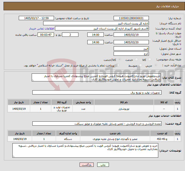 تصویر کوچک آگهی نیاز خدمت/کالا-خریدوتعویض توربو شارژکامیونت هیوندا کروس الویت با کمترین مبلغ پیشنهادی کمتریا مساوی با اعتبار دریافتی،تسویه بعدازتایید تعمیرات و تحویل خودرو30روز کاری