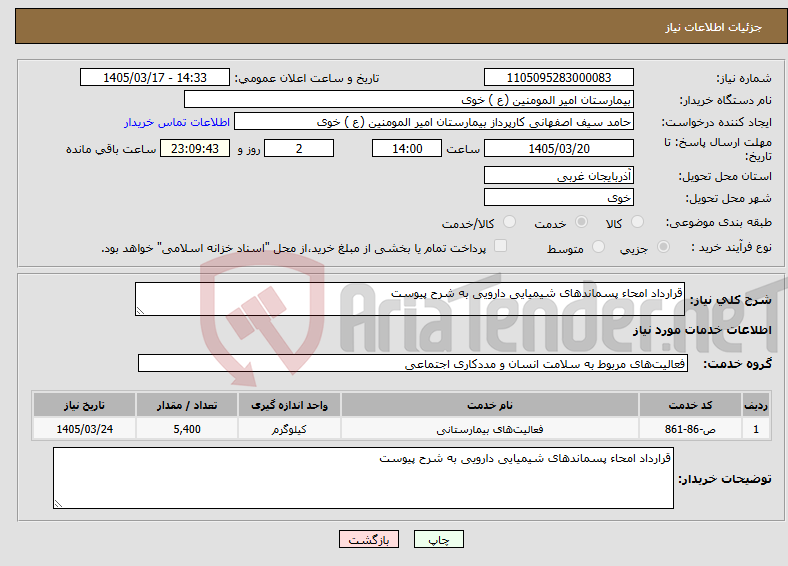 تصویر کوچک آگهی نیاز خدمات-قرارداد امحاء پسماندهای شیمیایی دارویی به شرح پیوست