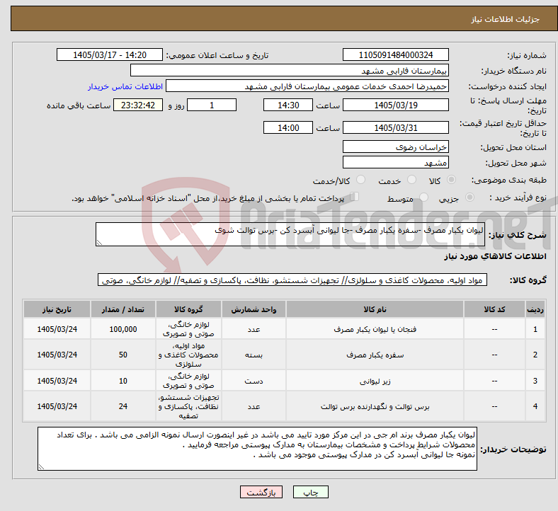 تصویر کوچک آگهی نیاز کالا-لیوان یکبار مصرف -سفره یکبار مصرف -جا لیوانی آبسرد کن -برس توالت شوی