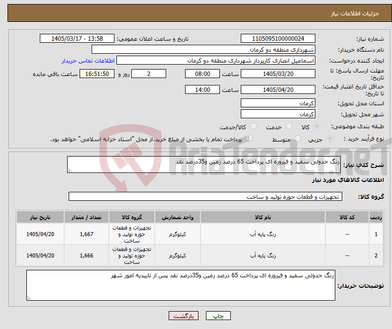 تصویر کوچک آگهی نیاز کالا-رنگ جدولی سفید و فیروزه ای پرداخت 65 درصد زمین و35درصد نقد