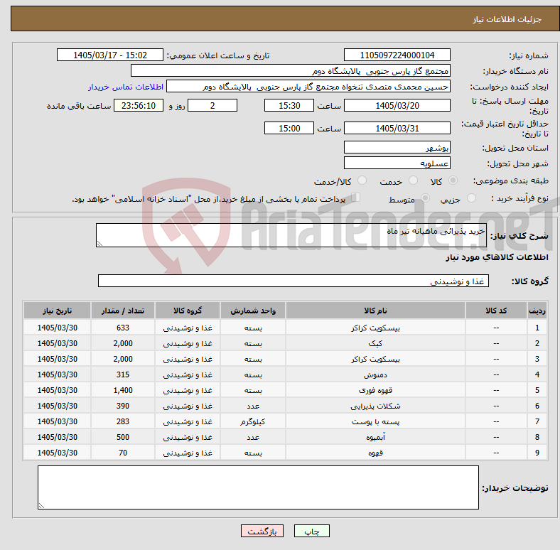 تصویر کوچک آگهی نیاز کالا-خرید پذیرائی ماهیانه تیر ماه 