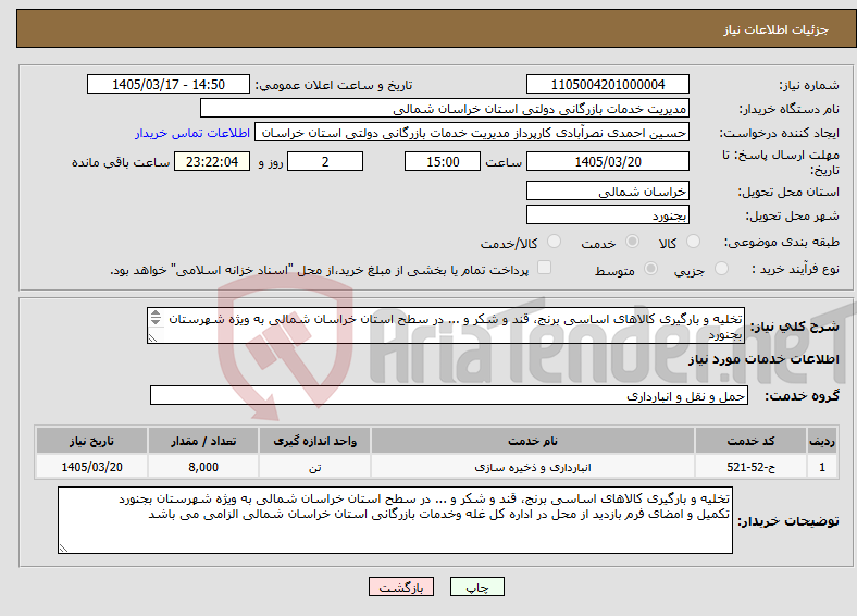 تصویر کوچک آگهی نیاز خدمات-تخلیه و بارگیری کالاهای اساسی برنج، قند و شکر و ... در سطح استان خراسان شمالی به ویژه شهرستان بجنورد