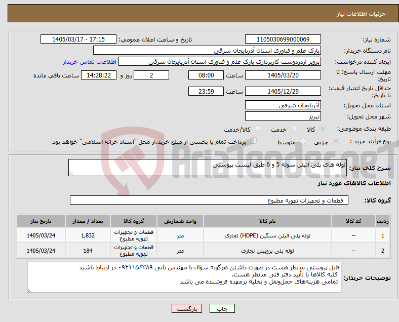 تصویر کوچک آگهی نیاز کالا-لوله های پلی اتیلن سوله 5 و 6 طبق لیست پیوستی