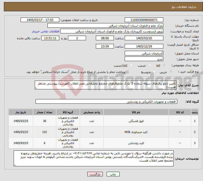 تصویر کوچک آگهی نیاز کالا-تأمین تابلو برقهای سوله شماره 5 پارک علموفناوری مجتمع تحقیقاتی عصر انقلاب (فهرست پیوستی مدنظر هست)