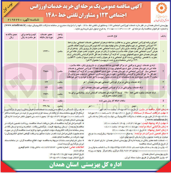 تصویر کوچک آگهی خرید خدمات اورژانس اجتماعی ۱۲۳ و مشاوران تلفنی خط ۱۴۸۰ 