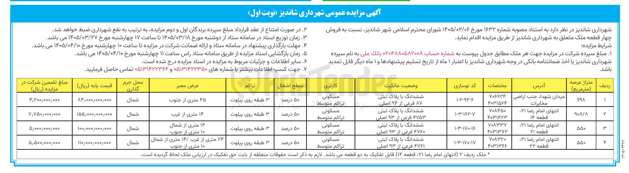 تصویر کوچک آگهی فروش چهار قطعه ملک متعلق به شهرداری با کاربری مسکونی