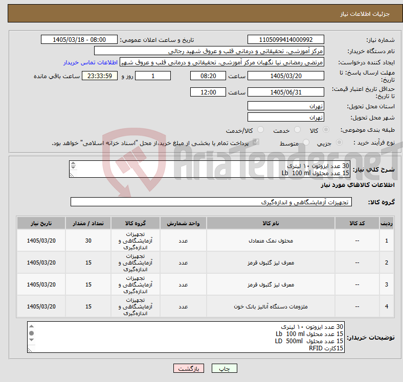 تصویر کوچک آگهی نیاز کالا-30 عدد ایزوتون ۱۰ لیتری 15 عدد محلول Lb 100 ml 15 عدد محلول LD 500ml 15کارت RFID ارسال نمونه تا1405/03/20