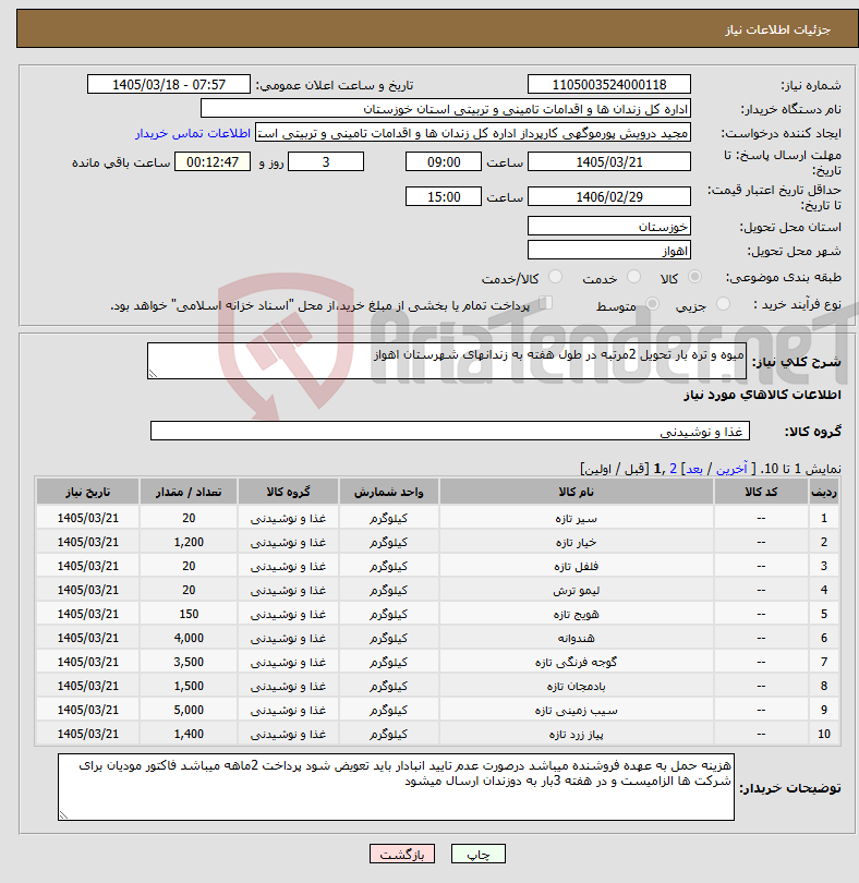 تصویر کوچک آگهی نیاز کالا-میوه و تره بار تحویل 2مرتبه در طول هفته به زندانهای شهرستان اهواز