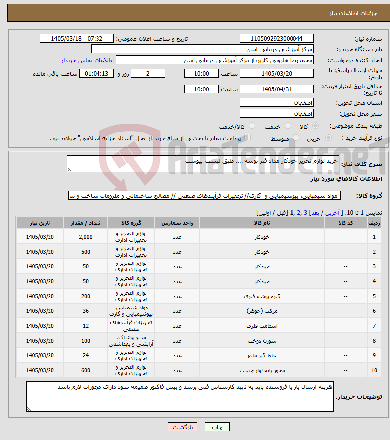 تصویر کوچک آگهی نیاز کالا-خرید لوازم تحریر خودکار مداد فنر پوشه .... طبق لیست پیوست