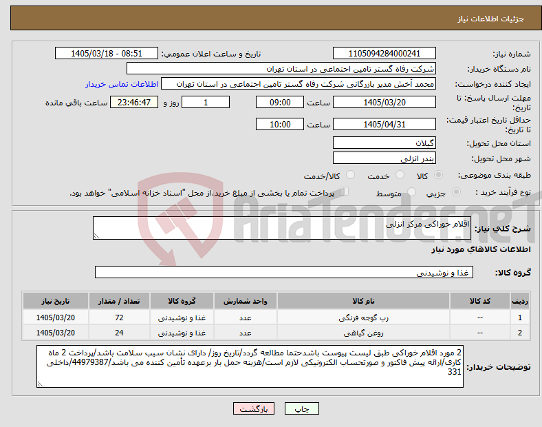 تصویر کوچک آگهی نیاز کالا-اقلام خوراکی مرکز انزلی