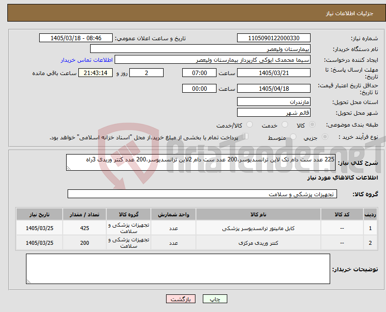 تصویر کوچک آگهی نیاز کالا-225 عدد ست دام تک لاین ترانسدیوسر،200 عدد ست دام 2لاین ترانسدیوسر،200 عدد کتتر وریدی 3راه
