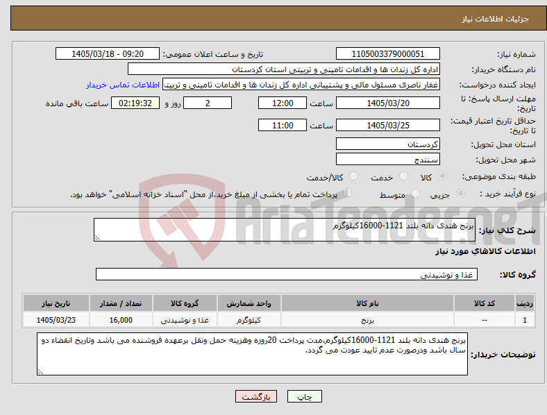 تصویر کوچک آگهی نیاز کالا-برنج هندی دانه بلند 1121-16000کیلوگرم