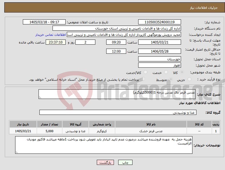 تصویر کوچک آگهی نیاز کالا-عدس قرمز دال عدس درجه 1(5000کیلوگرم)