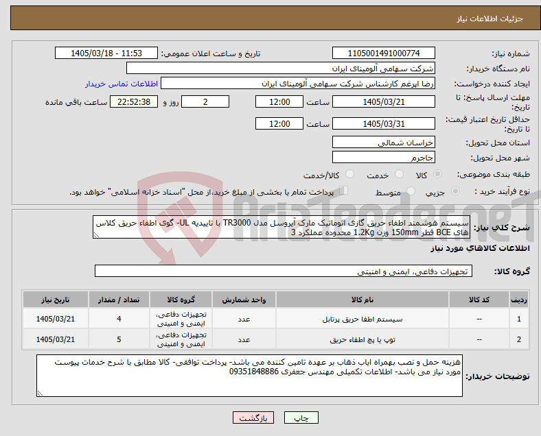 تصویر کوچک آگهی نیاز کالا-سیستم هوشمند اطفاء حریق گازی اتوماتیک مارک آیروسل مدل TR3000 با تاییدیه UL- گوی اطفاء حریق کلاس های BCE قطر 150mm وزن 1.2Kg محدوده عملکرد 3