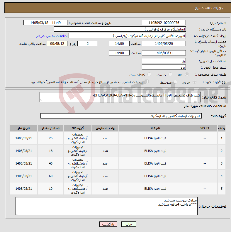 تصویر کوچک آگهی نیاز کالا-کیت های تشخیص الایزا آزمایشگاه:تستوسترون-DHEA-CA19.9-CEA-PTH-