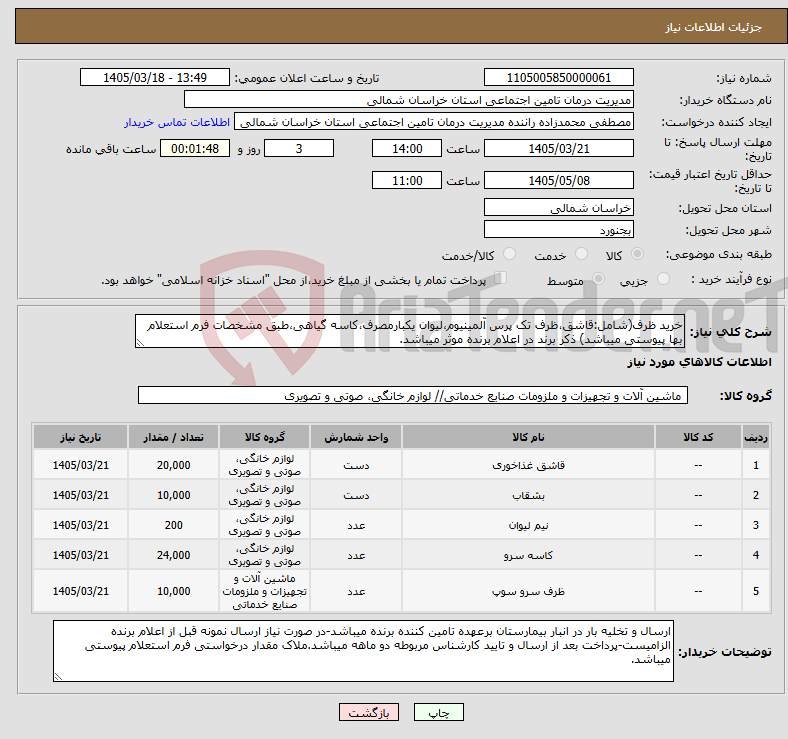 تصویر کوچک آگهی نیاز کالا-خرید ظرف(شامل:قاشق،ظرف تک پرس آلمینیوم،لیوان یکبارمصرف،کاسه گیاهی،طبق مشخصات فرم استعلام بها پیوستی میباشد) ذکر برند در اعلام برنده موثر میباشد.