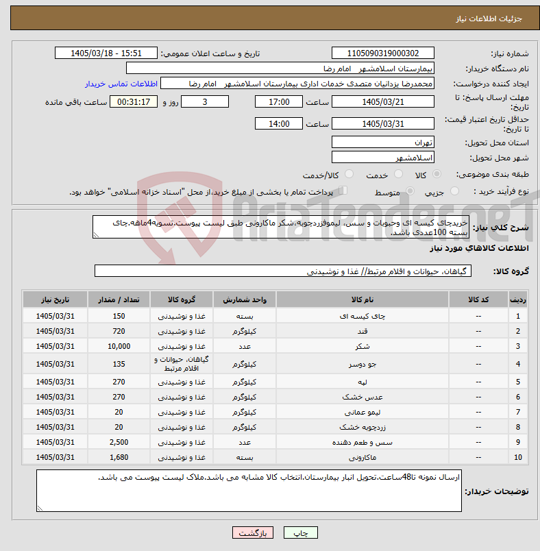 تصویر کوچک آگهی نیاز کالا-خریدچای کیسه ای وحبوبات و سس، لیموفزردچوبه،شکر ماکارونی طبق لیست پیوست.تسویه4ماهه.چای بسته 100عددی باشد.