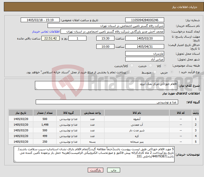 تصویر کوچک آگهی نیاز کالا-اقلام خوراکی مرکز نمک آبرود