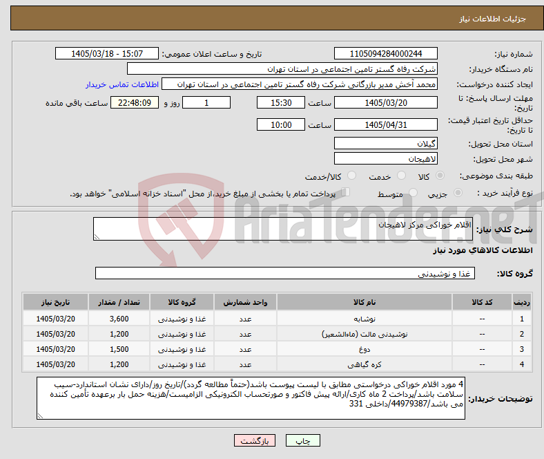 تصویر کوچک آگهی نیاز کالا-اقلام خوراکی مرکز لاهیجان