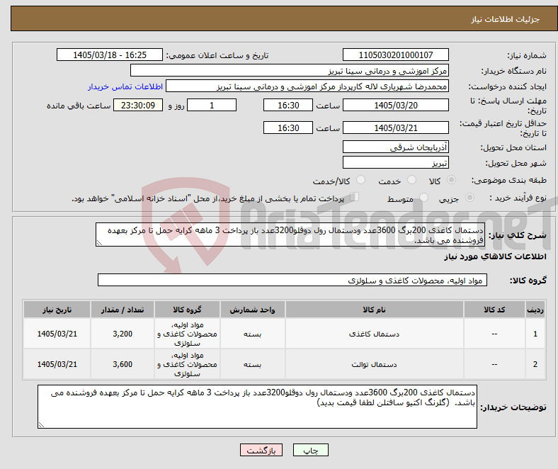 تصویر کوچک آگهی نیاز کالا-دستمال کاغذی 200برگ 3600عدد ودستمال رول دوقلو3200عدد باز پرداخت 3 ماهه کرایه حمل تا مرکز بعهده فروشنده می باشد. 