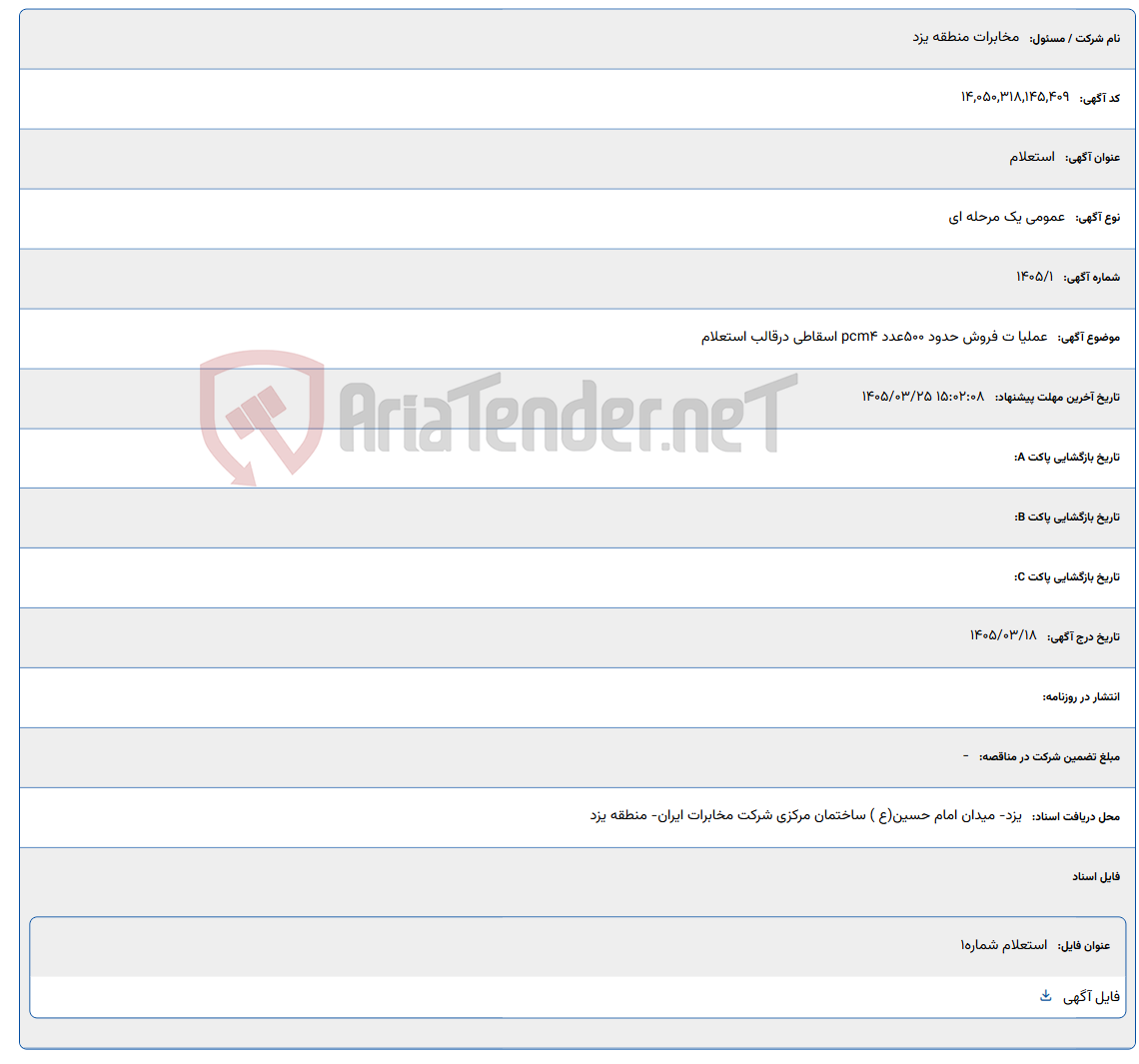 تصویر کوچک آگهی عملیا ت فروش حدود 500عدد pcm4 اسقاطی درقالب استعلام