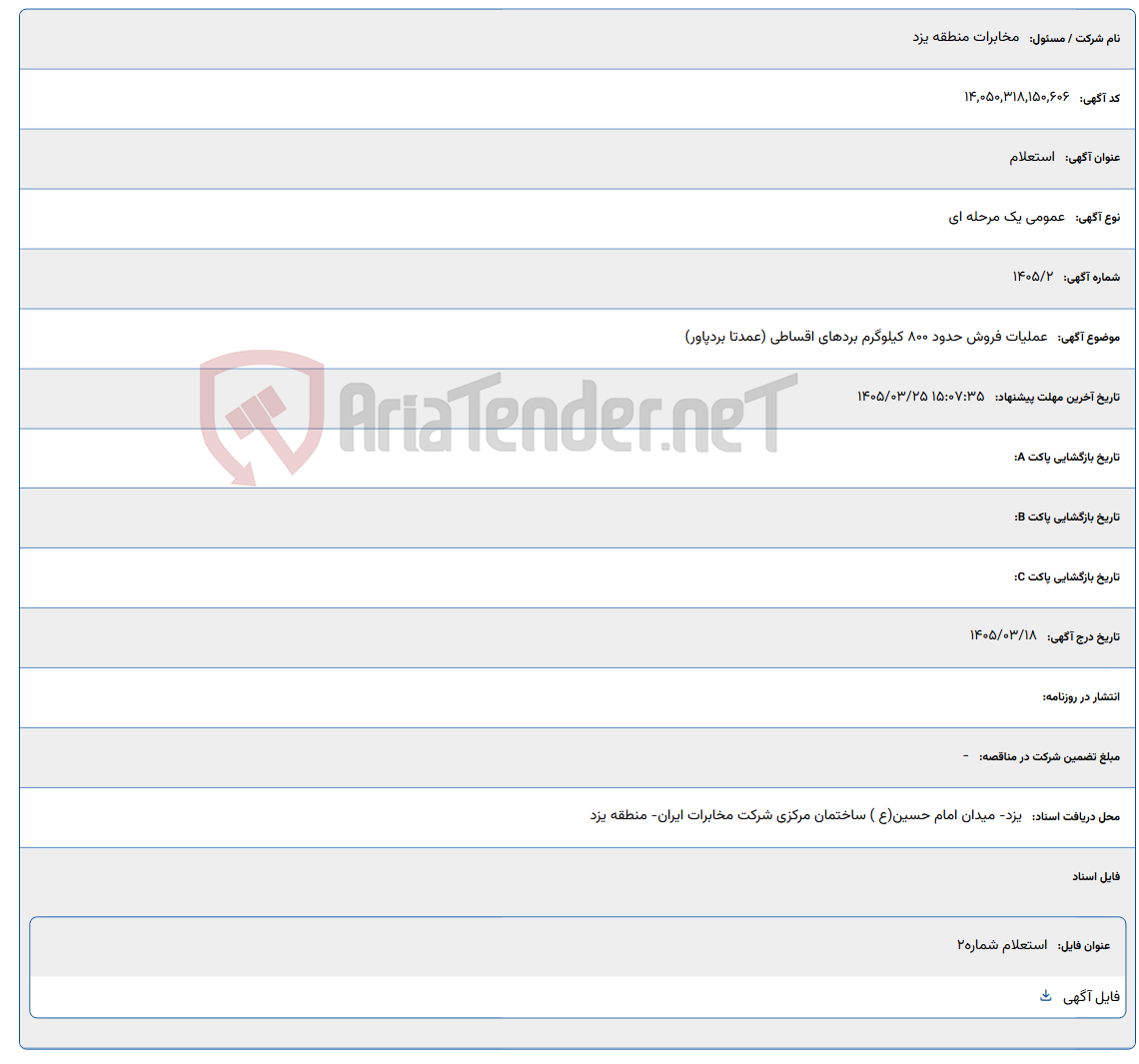 تصویر کوچک آگهی عملیات فروش حدود 800 کیلوگرم بردهای اقساطی (عمدتا بردپاور)