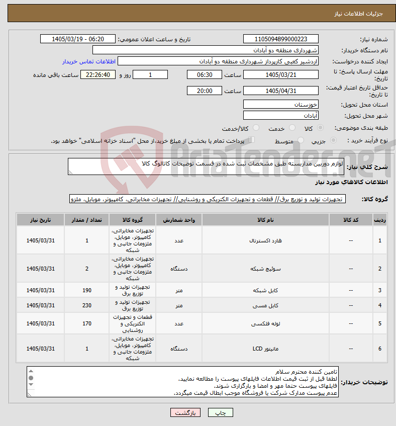 تصویر کوچک آگهی نیاز کالا-لوازم دوربین مداربسته طبق مشخصات ثبت شده در قسمت توضیحات کاتالوگ کالا